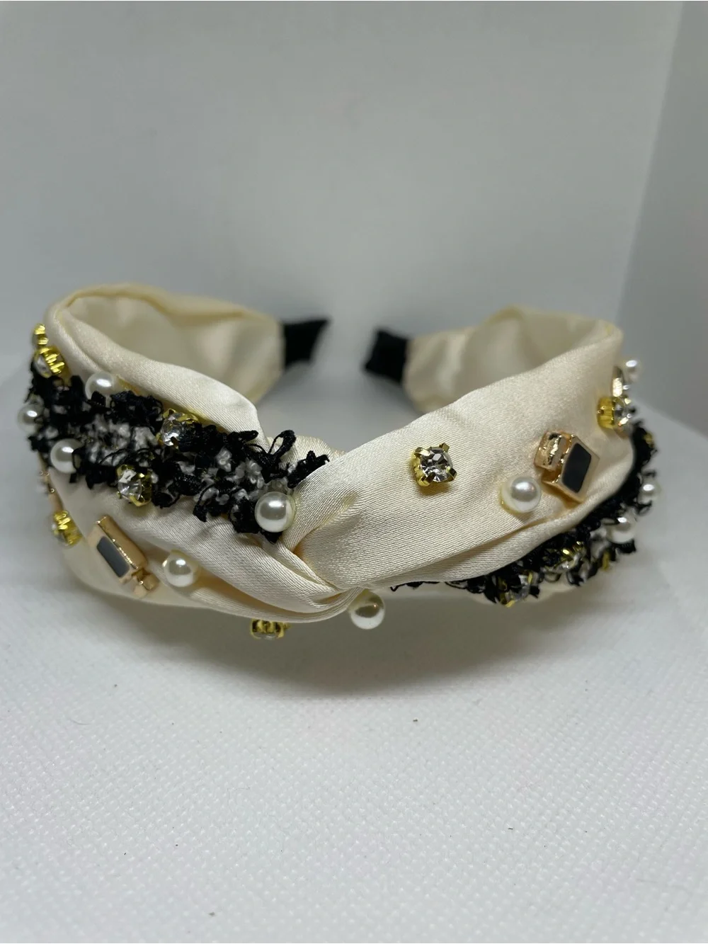 Silk Pearl & Gem Embellished Knotted Headband - Cream